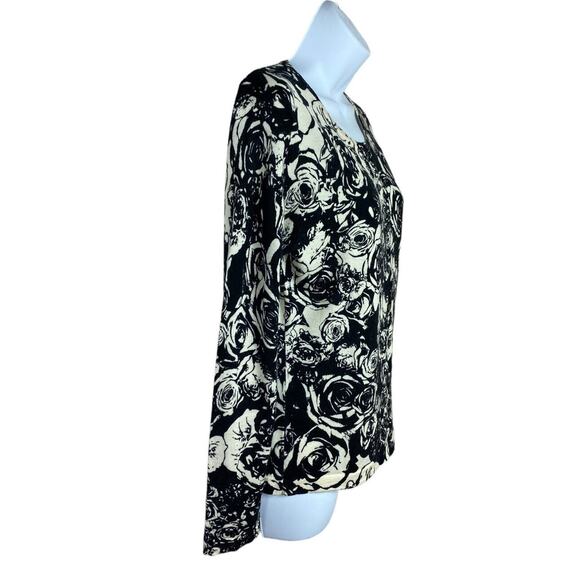 Lord & Taylor 100% Merino Wool Cardigan Sweater Women’s Medium Black White Rose - Picture 3 of 6